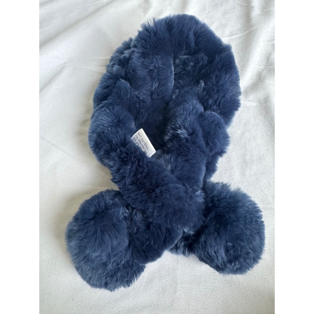 Belle Fare Navy Blue Rex Rabbit Real Fur Pom Pom Scarf Elegant Winter Luxury